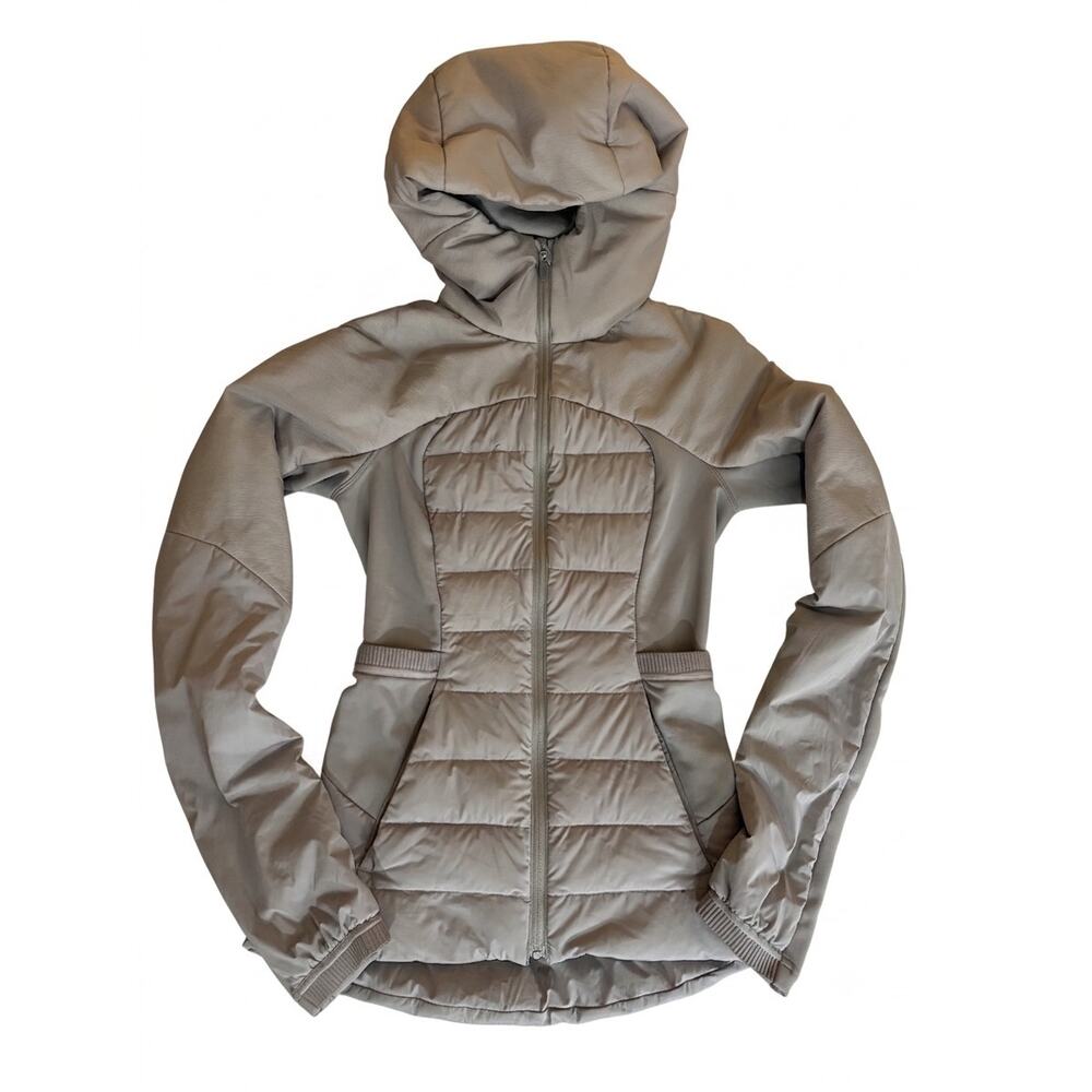 LULULEMON Down For It All Hooded Jacket Quilted Puffer Coat Size 0 Taupe Grey